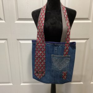 Denim tote, tie, bag, front side